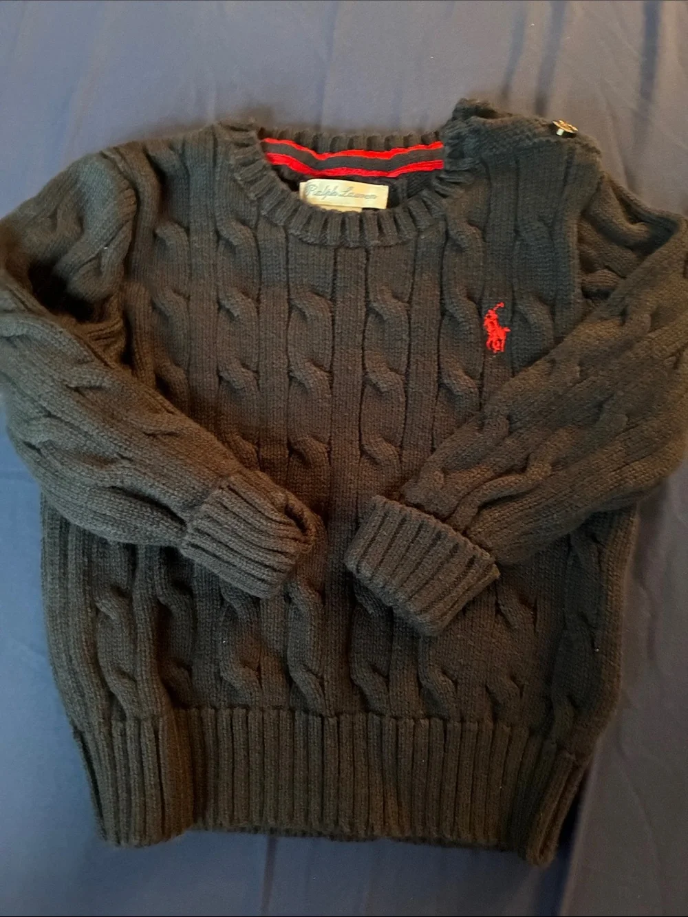 Ralph Lauren Navy Cable Knit Crewneck Sweater with Red Pony